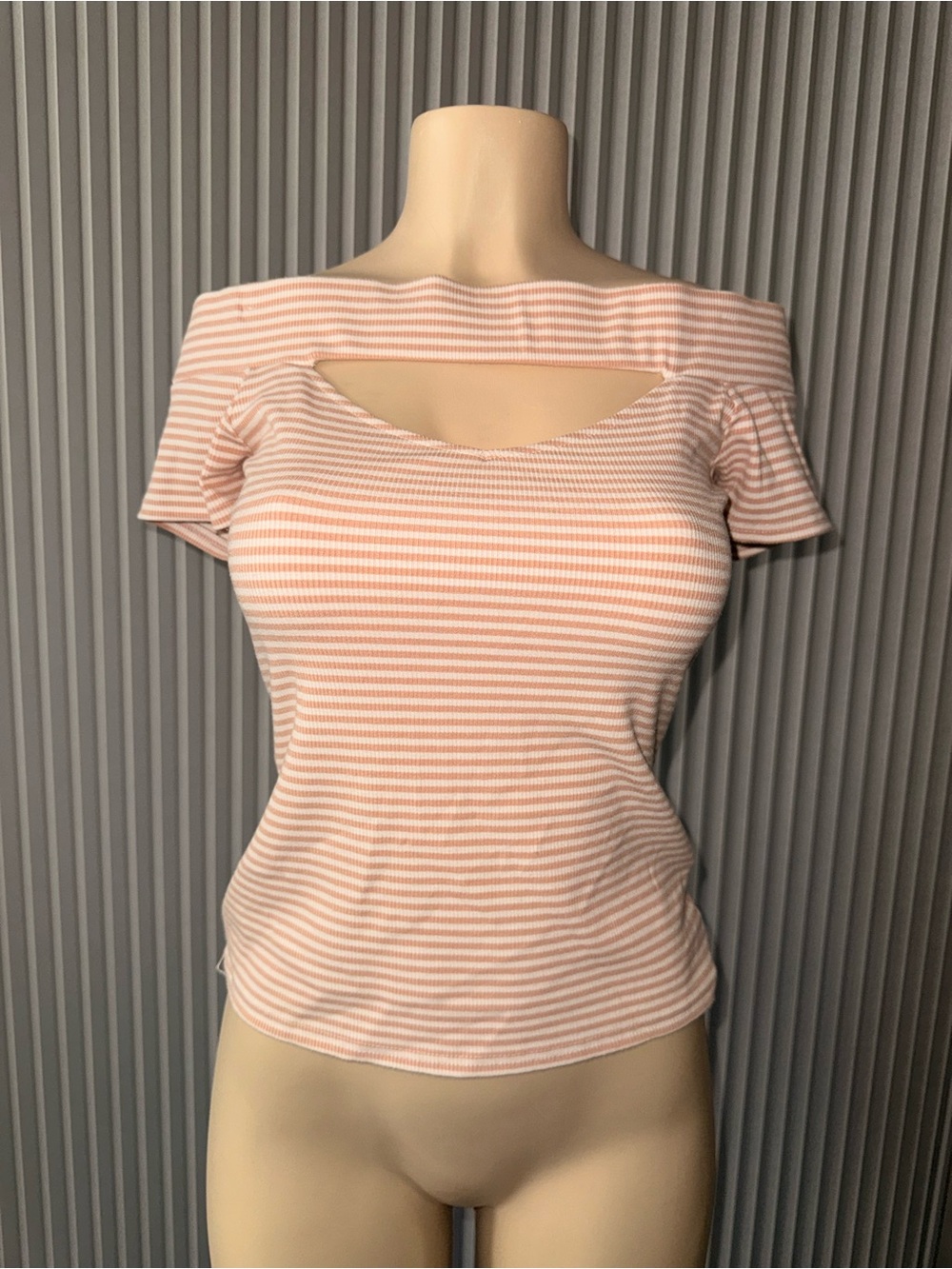 Striped Orange/Beige Cutout Short Sleeve Women's Tope